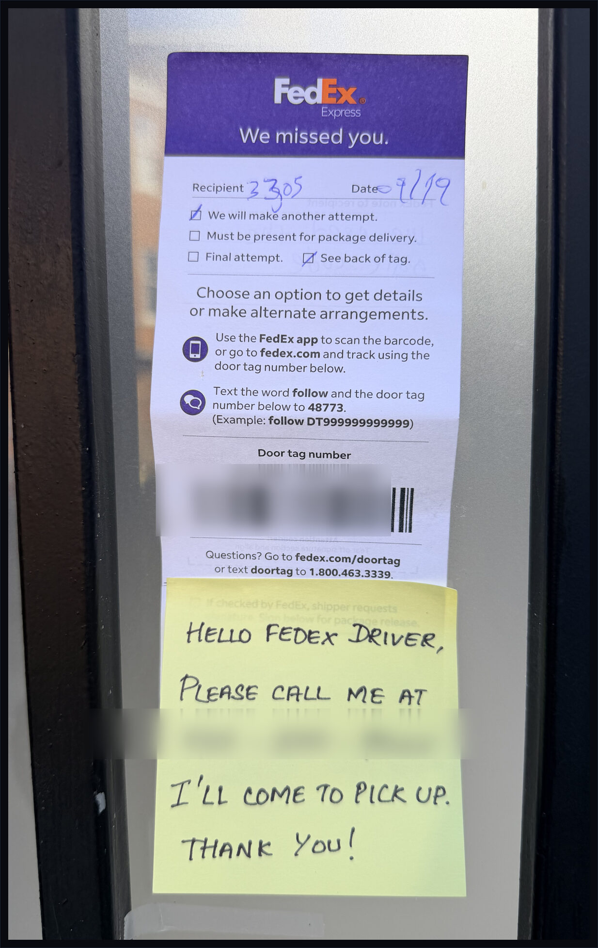 FedEx door tag on glass door with a handwritten sticky note below it asking the driver to call