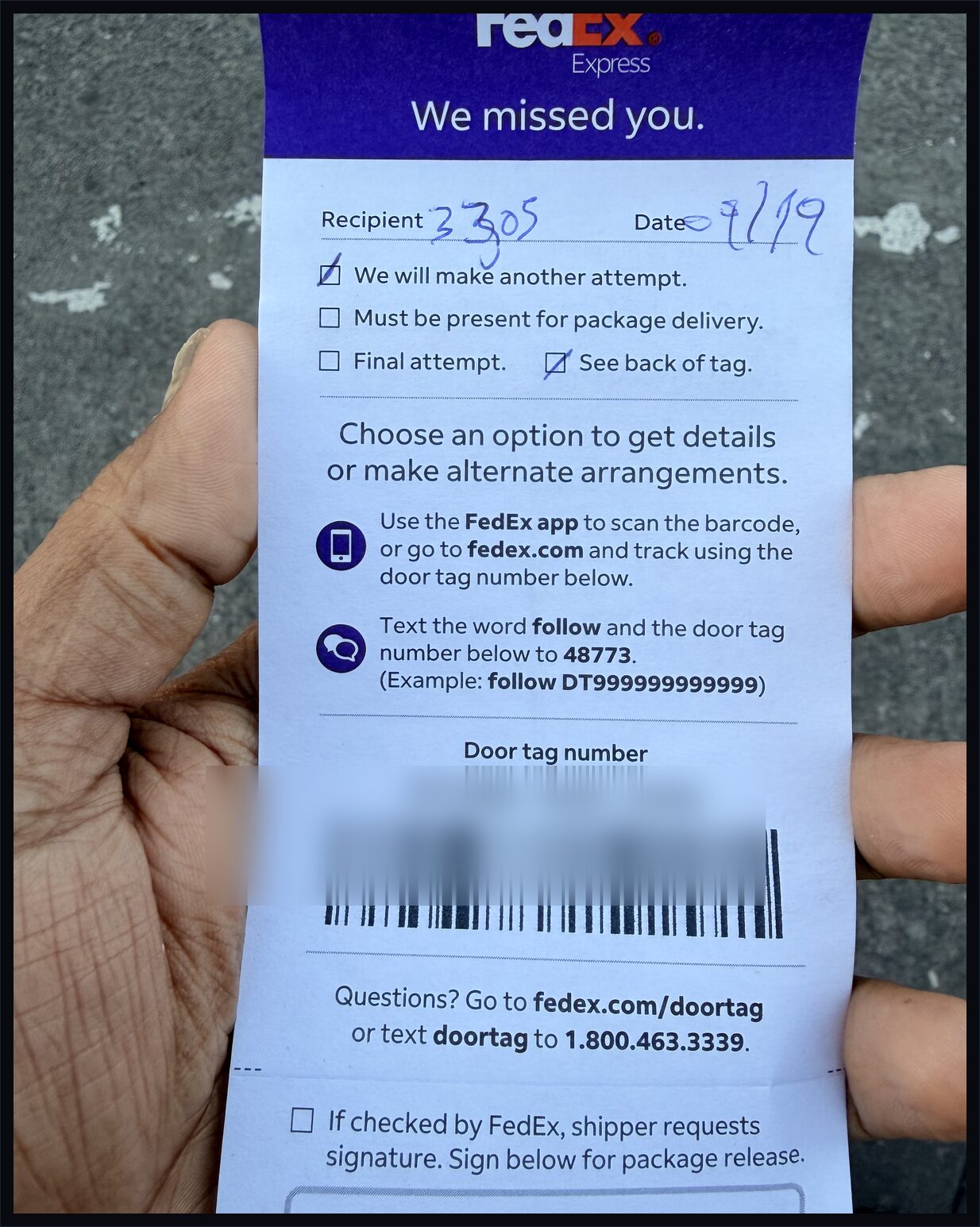 Front of the FedEx door tag showing all the response options