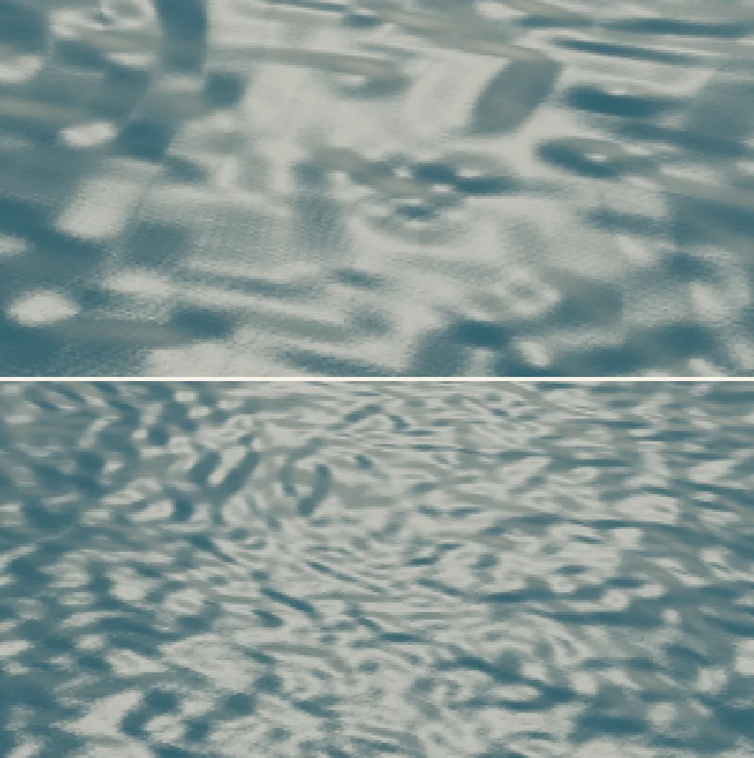 The glint on the open sea at 500 metres, three times enlarged. Above, phase 08: rounded cells of one size on a 20 metre grid, because the slope function's derivative was zero on every grid line. Below, phase 09: the grid gone.