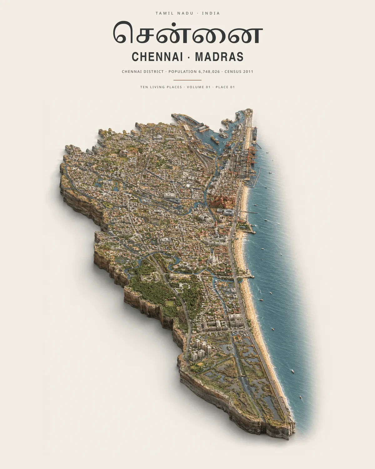 Chennai as an isometric district slab, drawn on the locked plates. A first slab, not a finished portrait.
