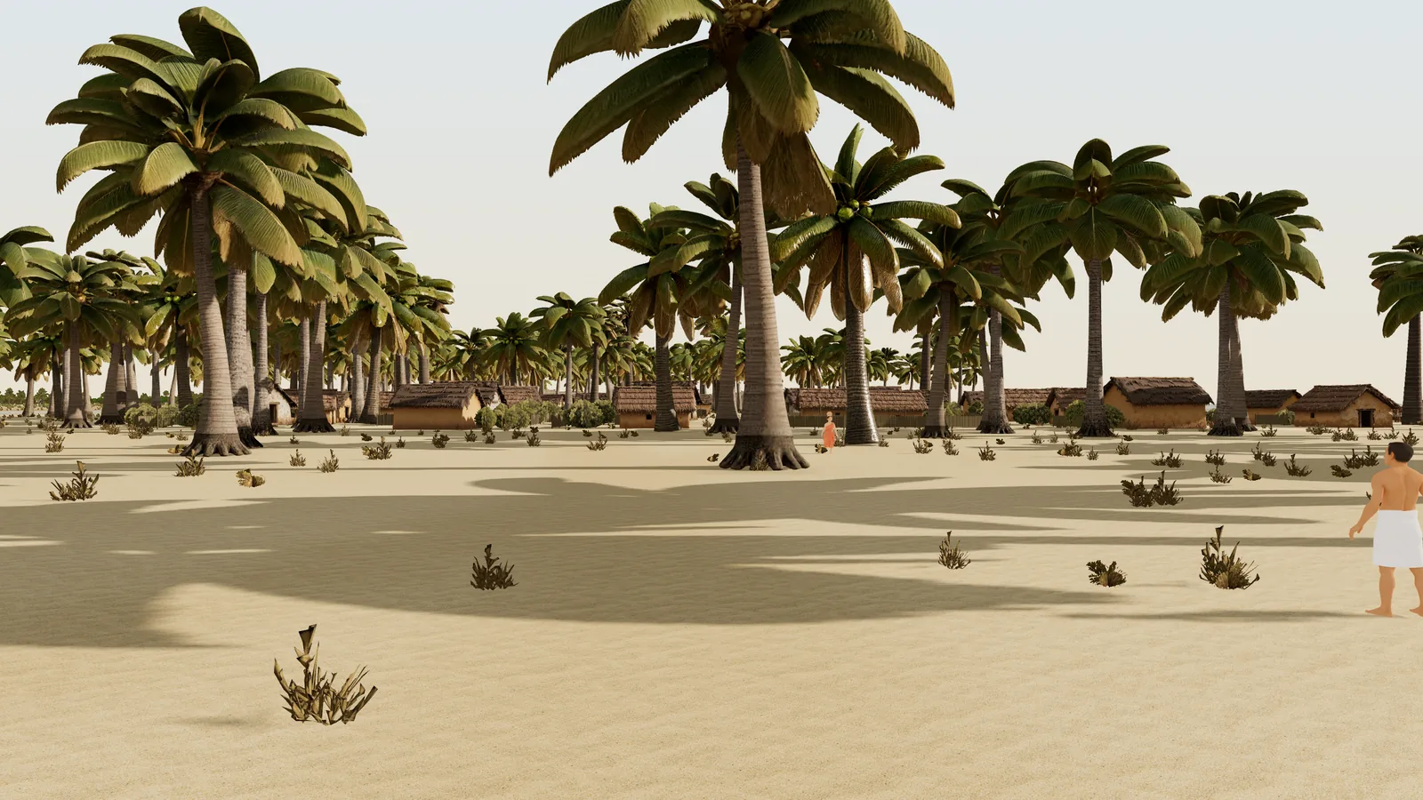Camera F, the middle lane, at time zero. Two people now walk it in opposite directions when it plays. At time zero the woman with the pot is thirty-four metres away and the new man, at the start of his path, stands one degree inside the right edge of the frame with half his body outside it. The judge's placement rule said where he should start and did not look through the lens.