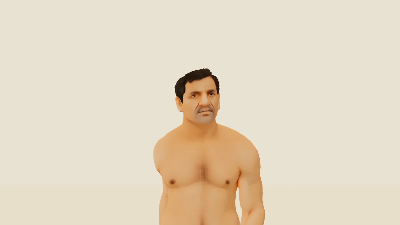 The shore crewman at three metres, a study render. Made from a written dossier, a three-view sheet, an image-to-3D mesh, a rig and two clips, fitted in Blender. He is lit twice: once by the sun, and once by himself. The rigging step hands back a material that adds an unlit copy of the figure's own colour to the lit one and doubles its shine, and the viewer kept both for three phases. That is why every figure has read lighter and flatter than the men modelled into the boats.