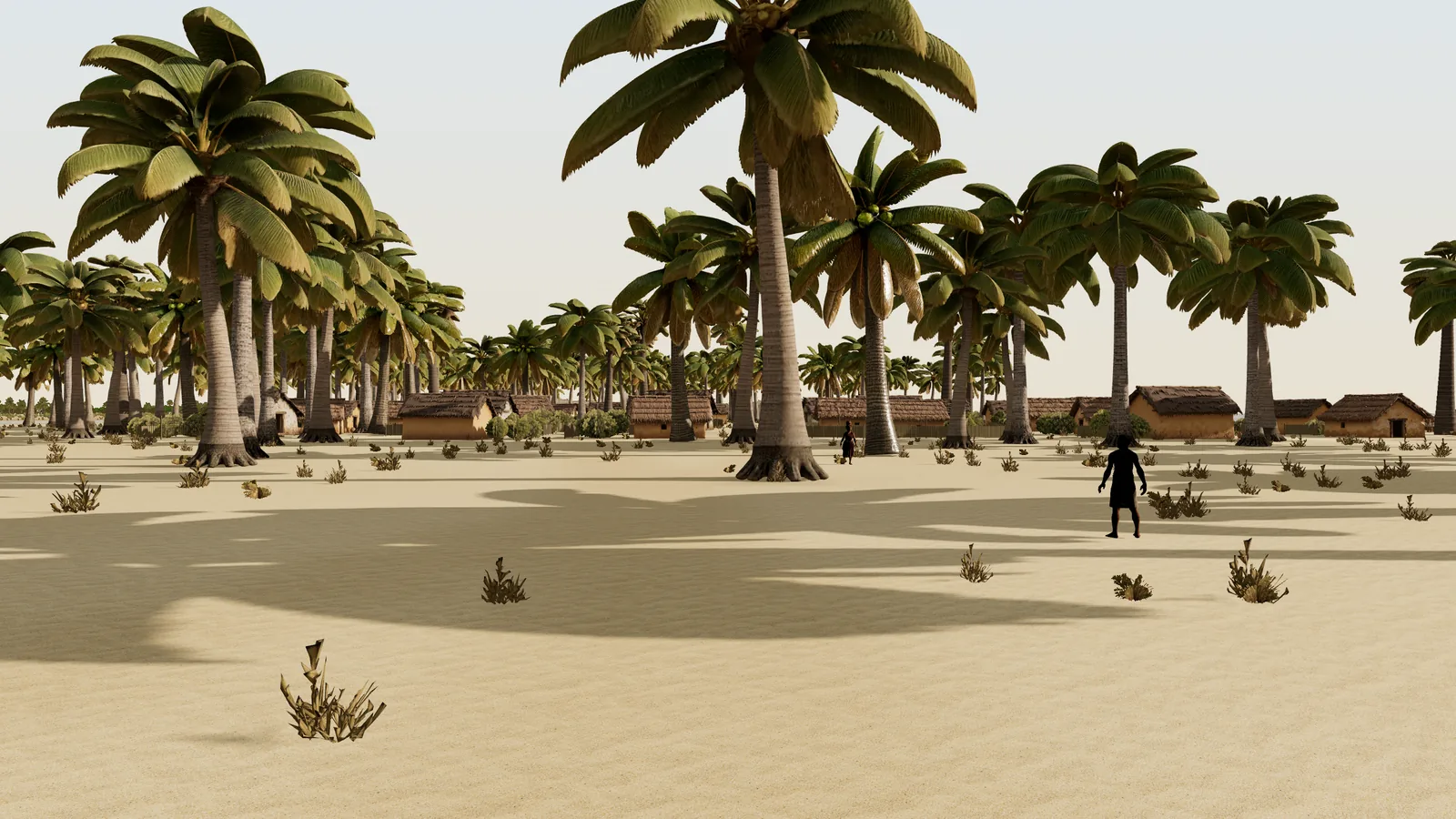 Camera F, the middle lane, at time zero. The lane man now stands whole in the frame fifteen metres away, the woman with the pot is thirty-four metres off, and both are black against the sand. His shadow is the right size and lands in the shade of a palm, so the shadow gate could not count it; the boatman's, on the beach, runs behind the raft beside his path. The judge had traced the line from the lens to each man and never the line from each man to the ground his shadow falls on.