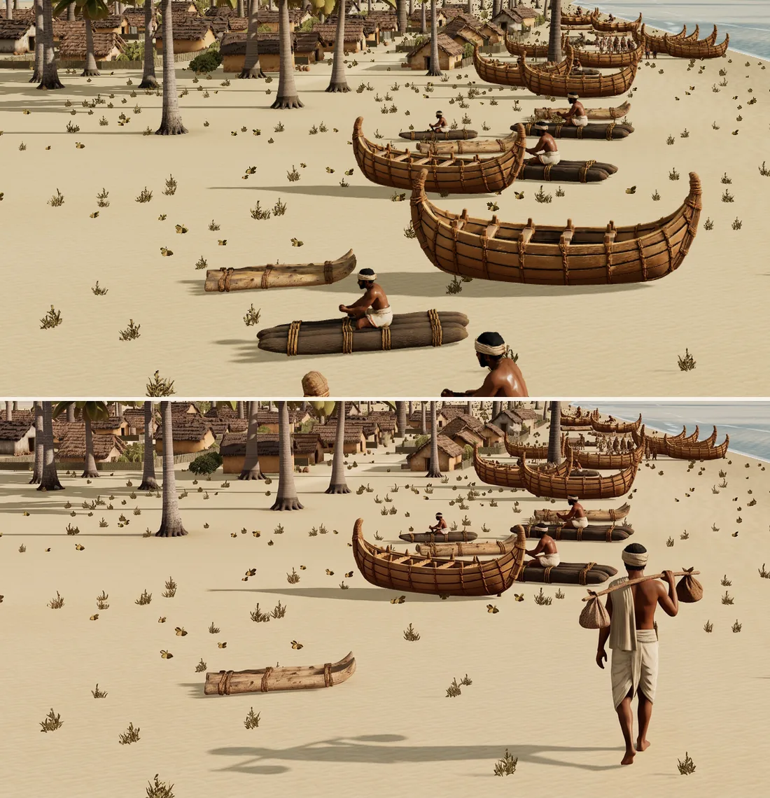 The same fishermen in the engine render, above, and after a generative edit added one figure, below. The edit repainted them: one shrunk, two with melted hands.
