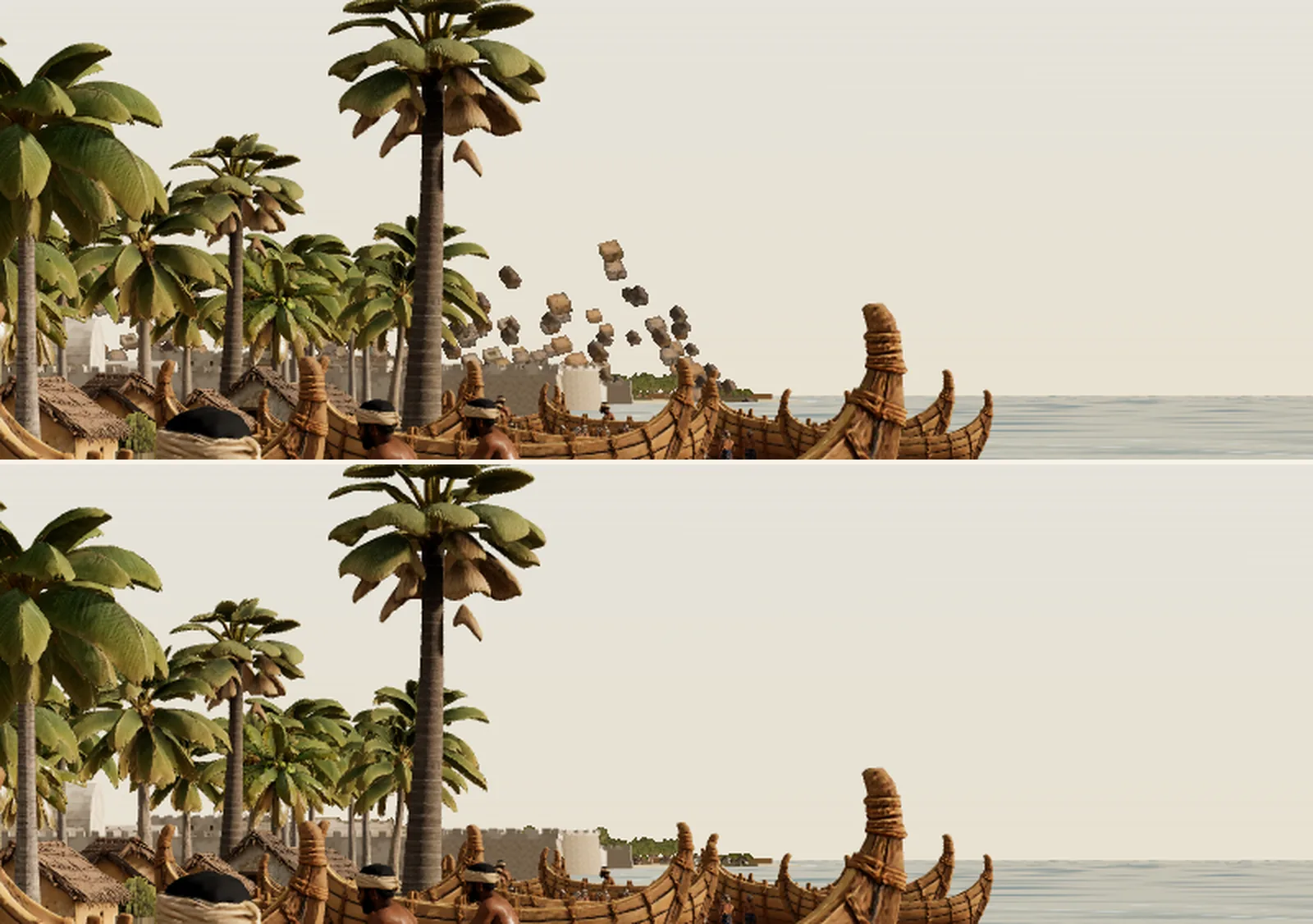 The skyline behind the boats at camera E, twice enlarged. Above, phase 09, the distant town's stand-in shapes floating as cubes. Below, phase 10, the stand-ins switched off for any camera below thirty metres and the far houses carried by flat cards baked from their own geometry.