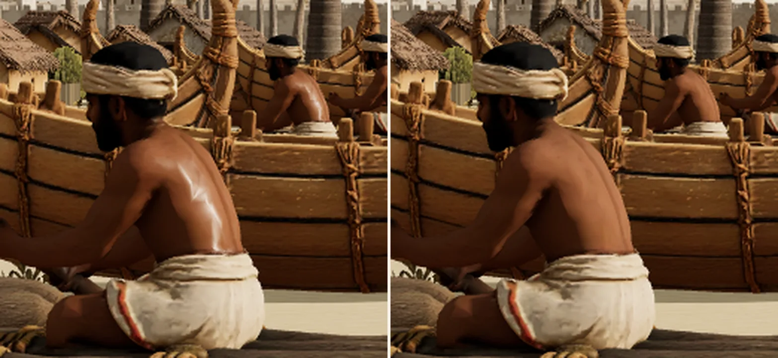 The nearest seated man's back at camera E, three times enlarged. Left, phase 10: a wet streak of light down the spine. Right, phase 11: matte, after the roughness floor reached the raft he is part of. The judge's gate still failed on its number, because it counted bright pixels in a box that also holds his white waist cloth in the sun, and no roughness can darken a white cloth.